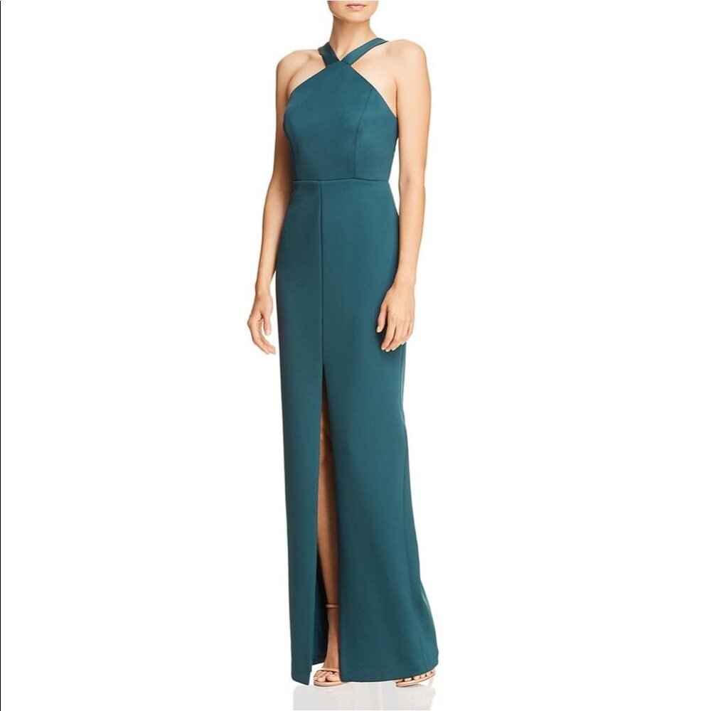 Aidan Mattox Halter Scuba Column Gown Hunter Green 0
